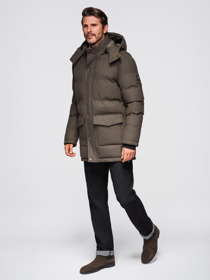 Men's long warm parka jacket with wool - dark grey melange V4 OM-JALJ-0217