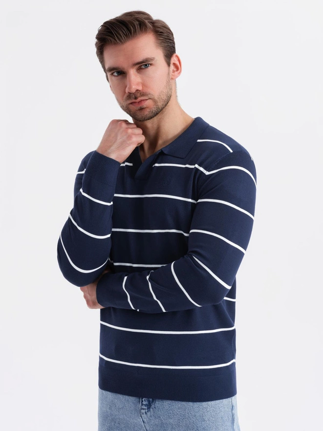 Męski longsleeve polo w poziome paski z wiskozą – granatowo-biały V1 OM-POLS-0146