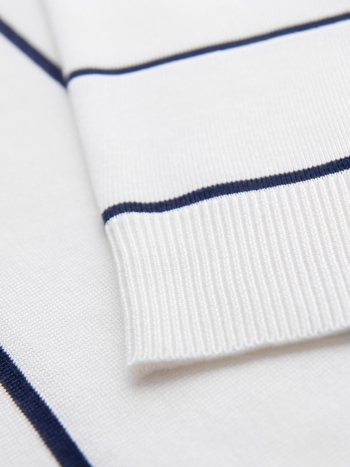 Men's horizontal striped polo longsleeve with viscose - white and navy blue V2 OM-POLS-0146