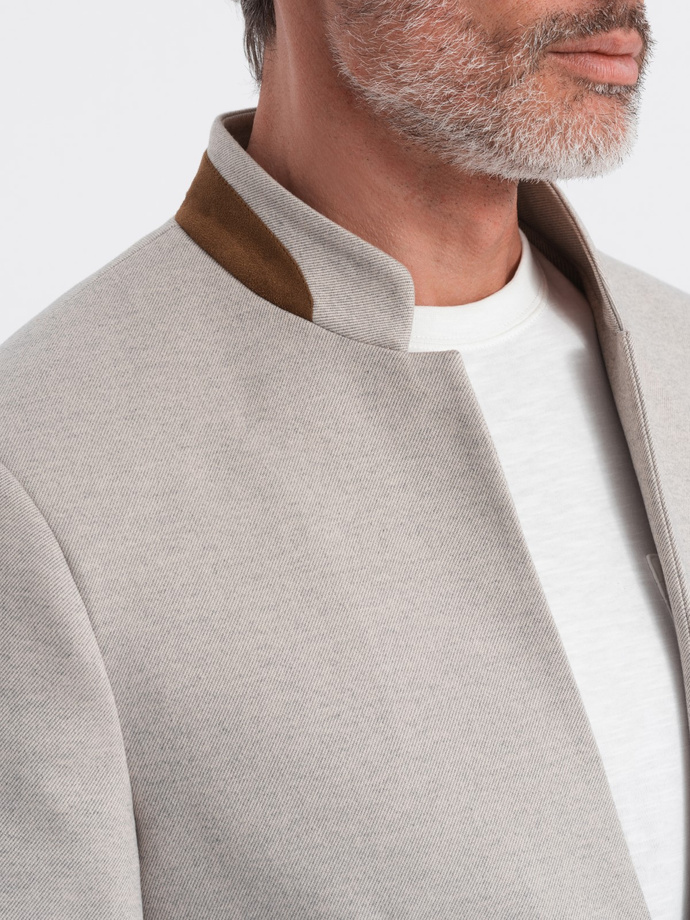 Men's melange rayon jacket with stand-up collar - beige melange V3 OM-BLZB-0131