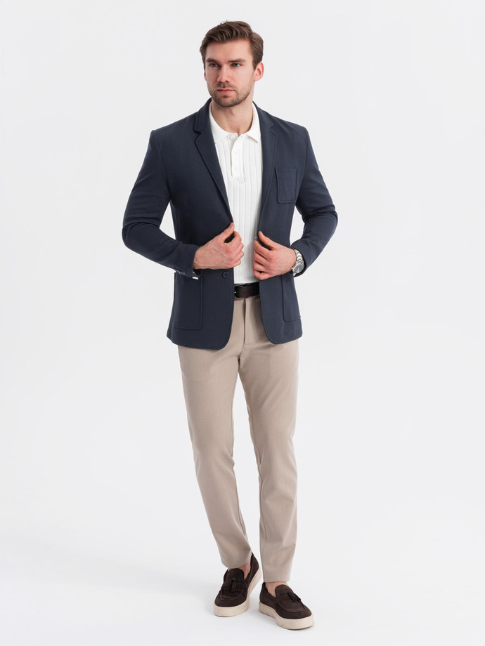 Men's SLIM knit jacket with subtle texture - navy blue V3 OM-BLZB-0101