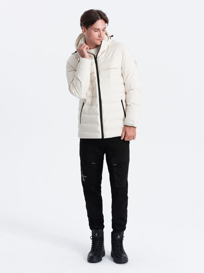Men's winter jacket with detachable hood - cream V2 OM-JAHP-0150