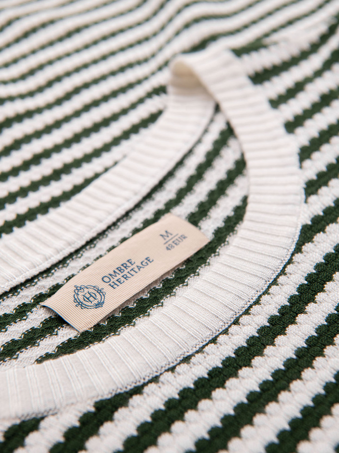 Men's knitted t-shirt with navy stripes and openwork weave - olive and white V3 OM-TSCT-0255