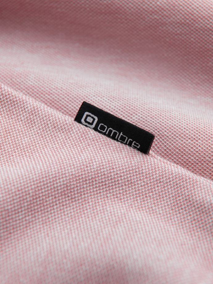 Melanżowa koszulka męska polo z kołnierzykiem w paski – różowa V2 OM-POSS-0109