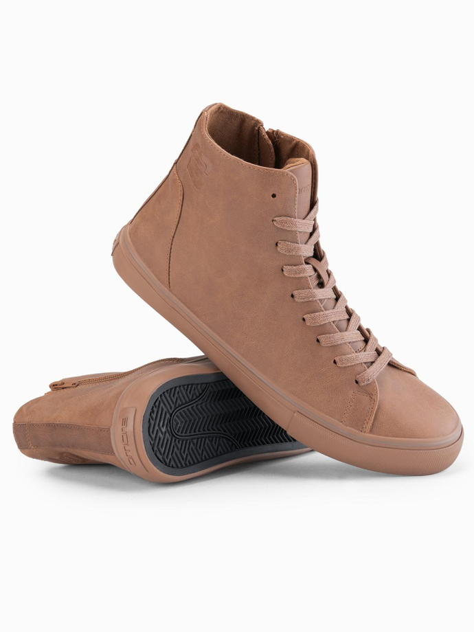 Men's high-top sneakers with matte texture and embossed logo - light brown V3 OM-FOTH-0185