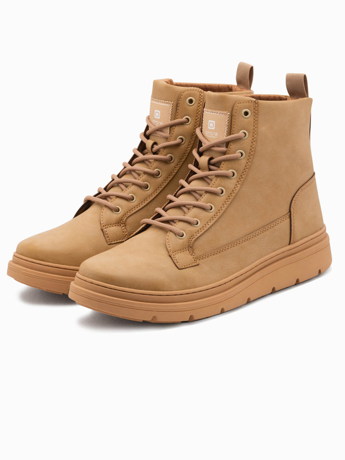 One-color men's high boots with decorative stitching - camel V3 OM-FOBO-0133