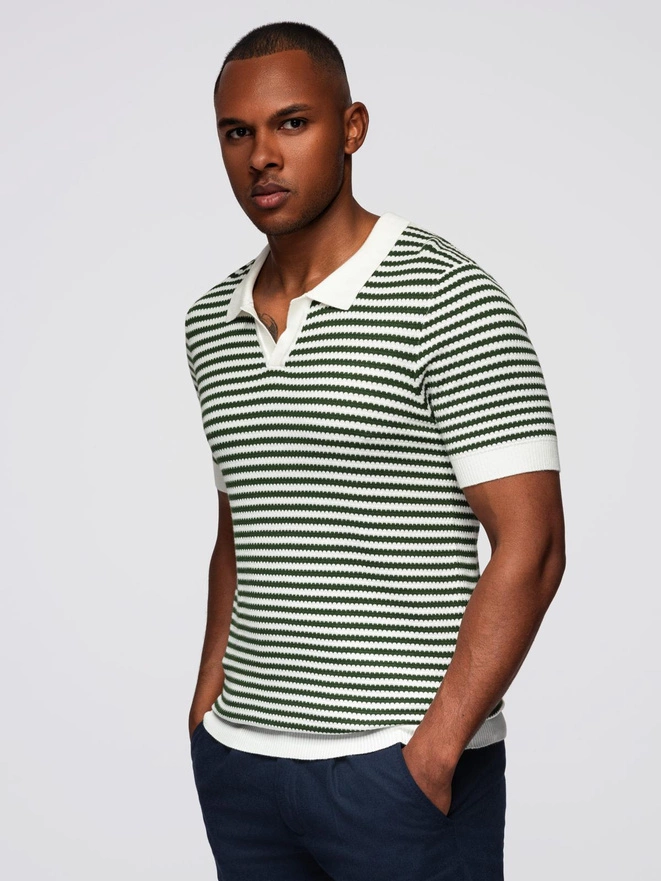 Men's knitted buttonless polo shirt with navy stripes - white and olive V3 OM-POSS-0161