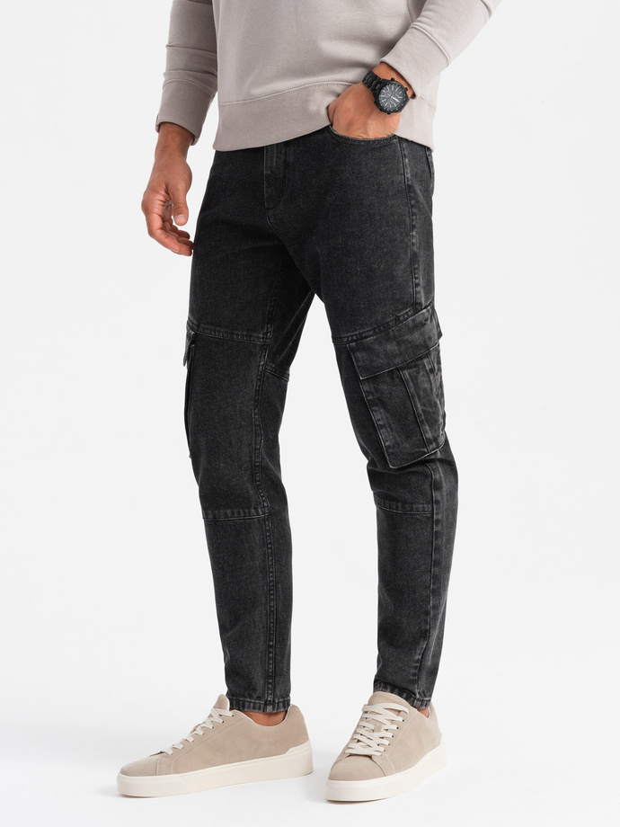 Denim cargo pants SLIM FIT with bleach effect - black V2 OM-PADP-0176