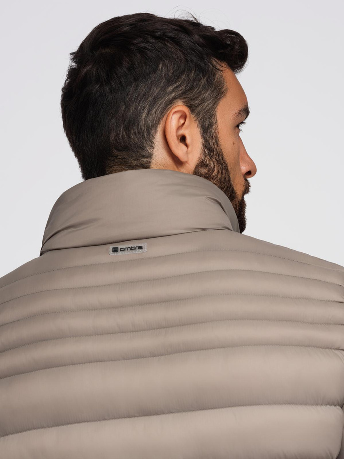 Męska pikowana kurtka z dwoma zapięciami - ciemnobeżowa V4 OM-JALP-0231