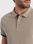 Men's cotton polo shirt with contrast trim - dark beige V5 OM-POSS-0113