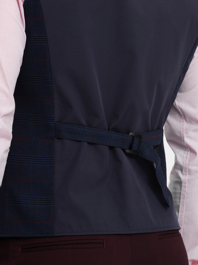 Men's vest without lapels in delicate check - navy blue V1 OM-BLZV-0123