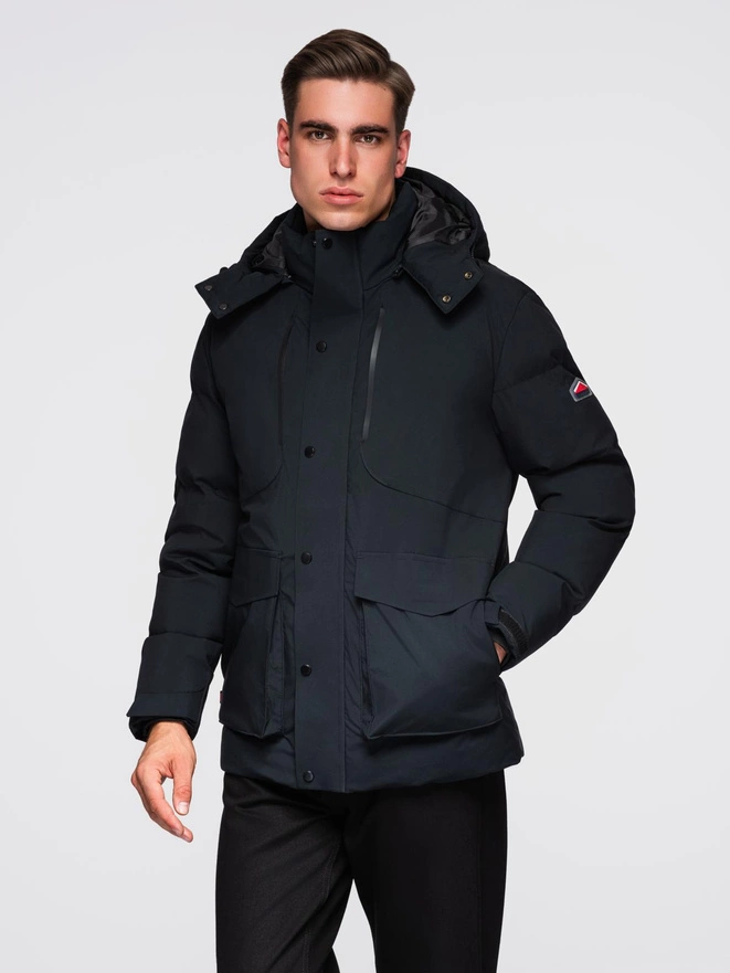 Men's winter jacket with detachable hood in waterproof material - black V3 OM-JAHP-0306