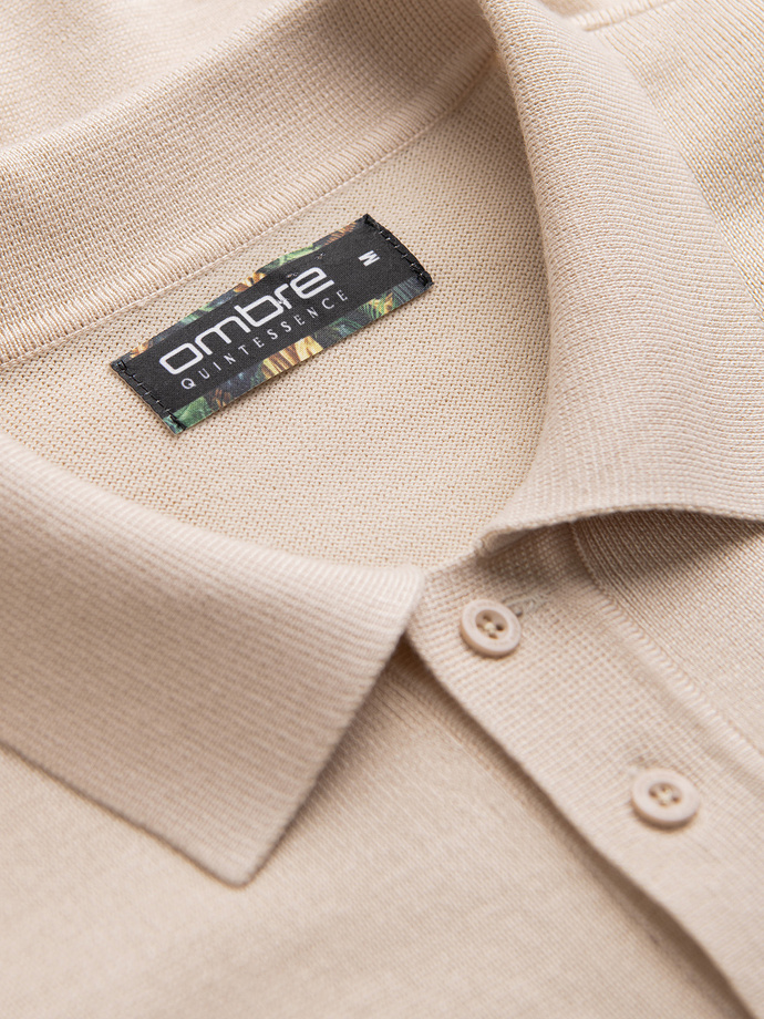 Męska koszulka polo z miękkiej dzianiny z kontrastowymi pasami - beżowa V4 OM-POSS-0118