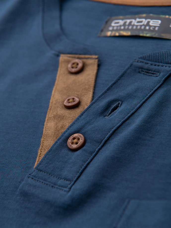 Men's T-shirt with button neckline and suede trim - dark blue V2 OM-TSCT-0206