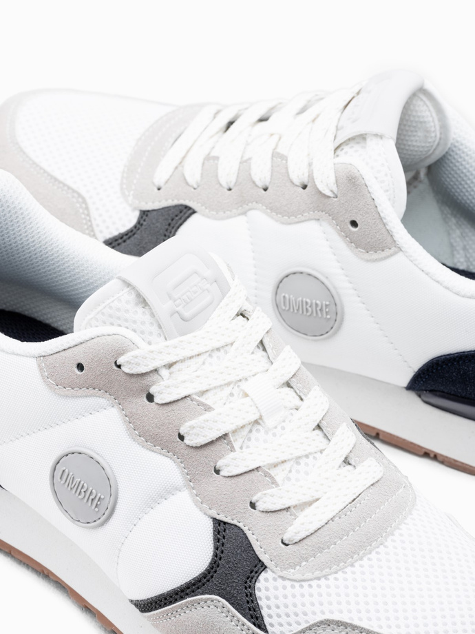 Men's shoes sneakers with combined materials and mesh - white and navy blue V3 OM-FOSL-0155