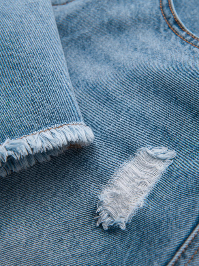 Krótkie męskie spodenki jeansowe z przetarciami i dziurami – jasnoniebieskie V2 OM-SRDS-0157