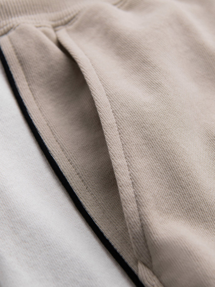 Men's short sweat shorts with wide stripes - beige V2 OM-SRSK-0182