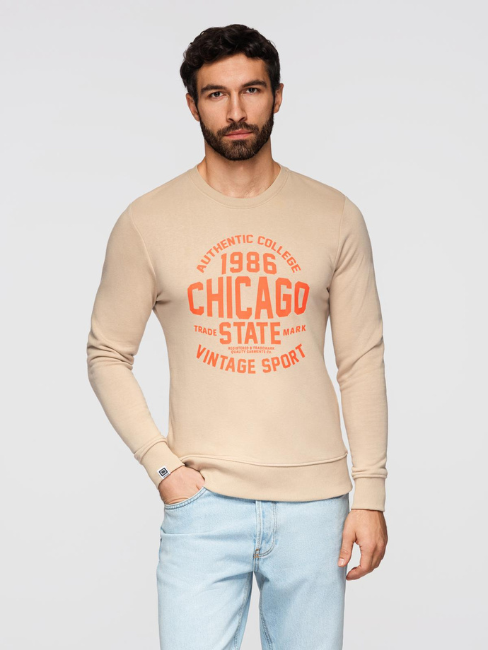 Men's unbuttoned sweatshirt with collegiate print - sand V1 OM-SSPS-0154