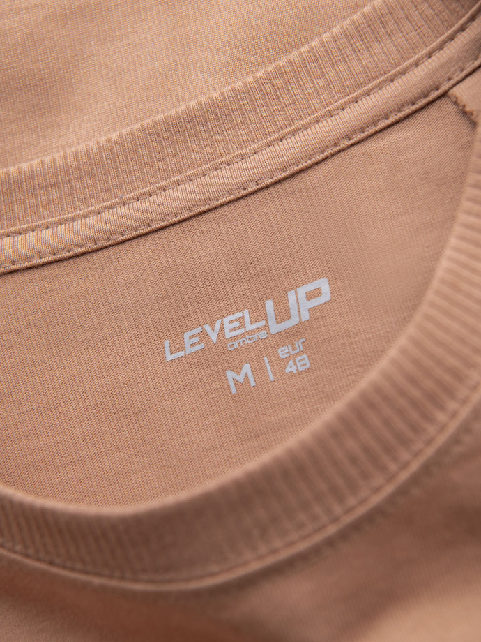 Bawełniany męski t-shirt z nadrukiem na kieszonce – jasnobrązowy V7 OM-TSPT-0154