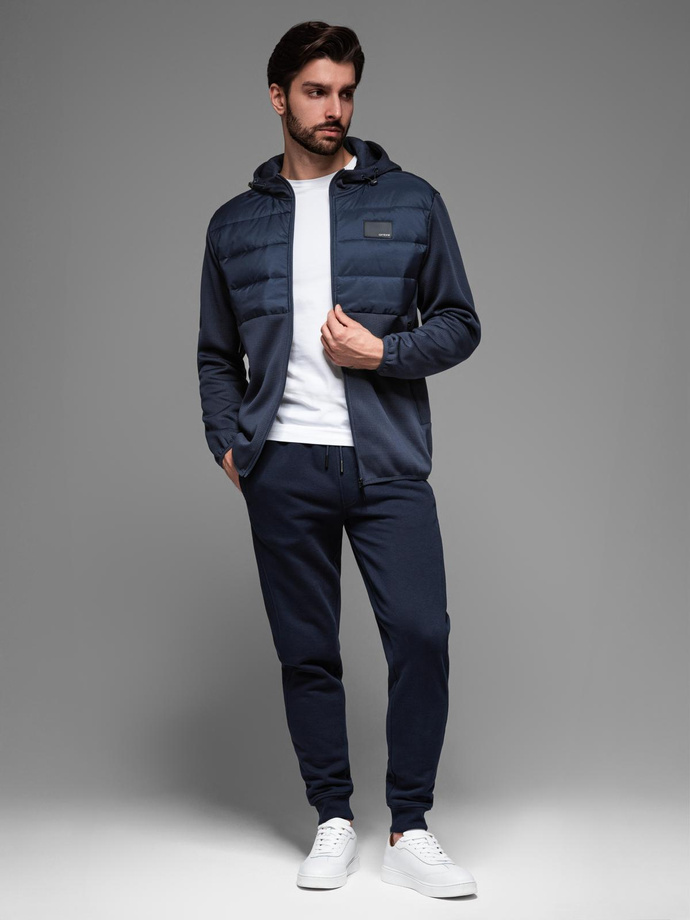 Men's lightweight jacket of combined materials with hood and decorative quilting - navy blue V4 OM-JANP-0160