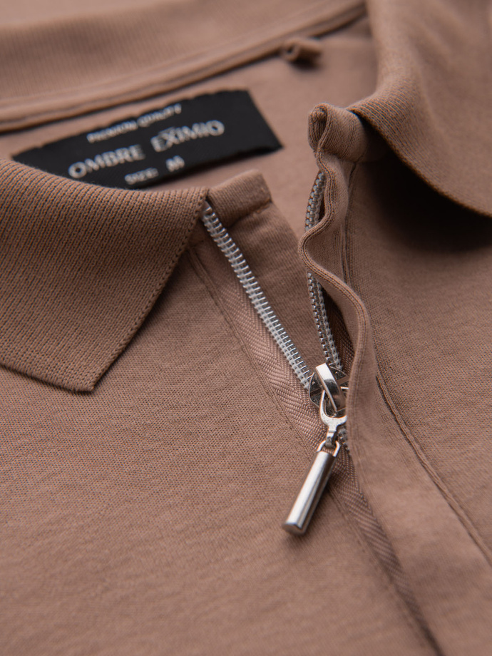 Koszulka męska polo z dekoltem na zamek - jasnobrązowa V3 OM-POSS-0148