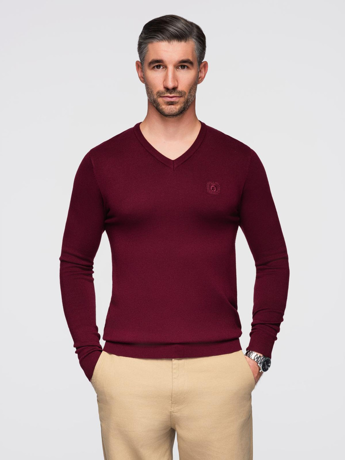 Elegant men's sweater with a v-neck - maroon V13 OM-SWBS-0107