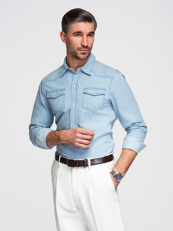 Men's denim snap shirt with pockets - light blue V1 OM-SHDS-0210