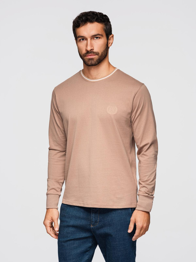 Men's cotton longsleeve with striped U neckline and embroidery - brown V6 OM-LSCL-0128
