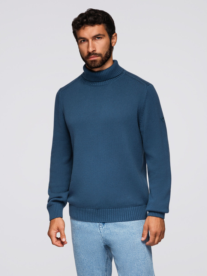 Męski golf sweter z dzianiny – ciemnoniebieski V2 OM-SWTN-0163