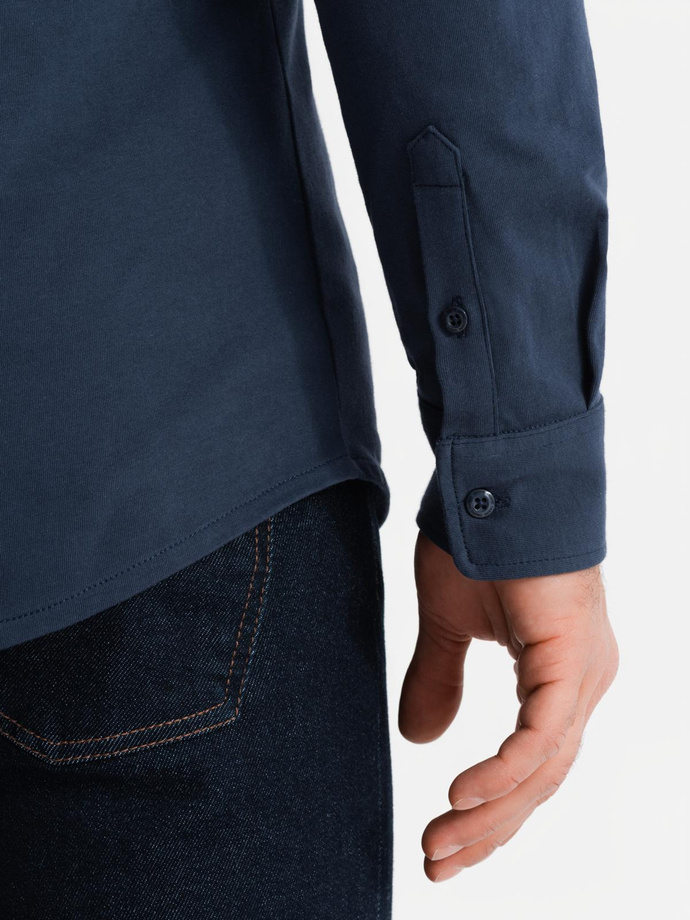 Koszula męska bawełniana REGULAR z dzianiny single jersey - granatowa V2 OM-SHCS-0138