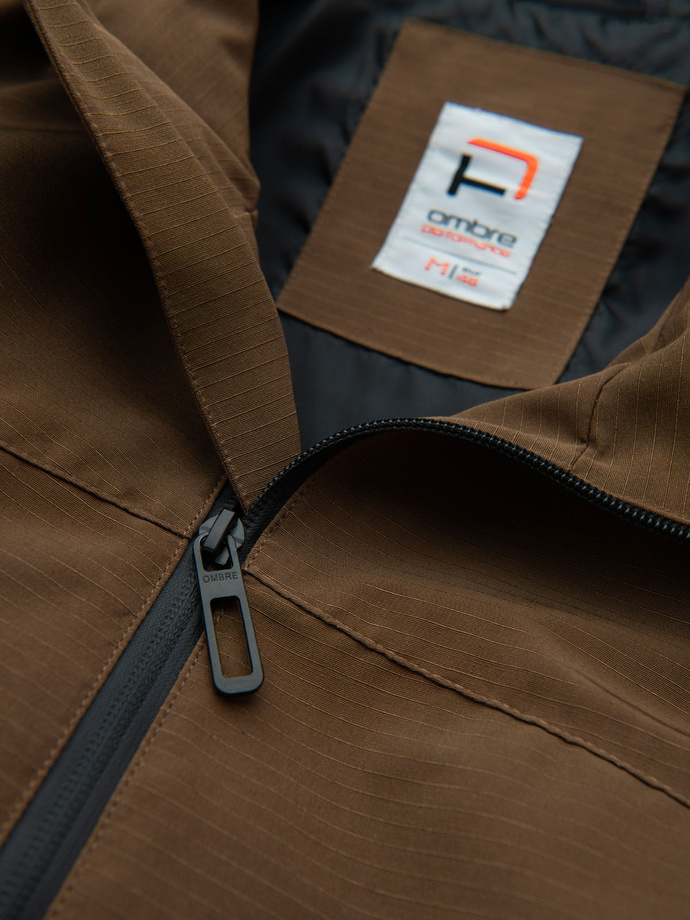 Lekka męska kurtka typu sztormiak z kapturem – brązowa V2 OM-JANP-0191