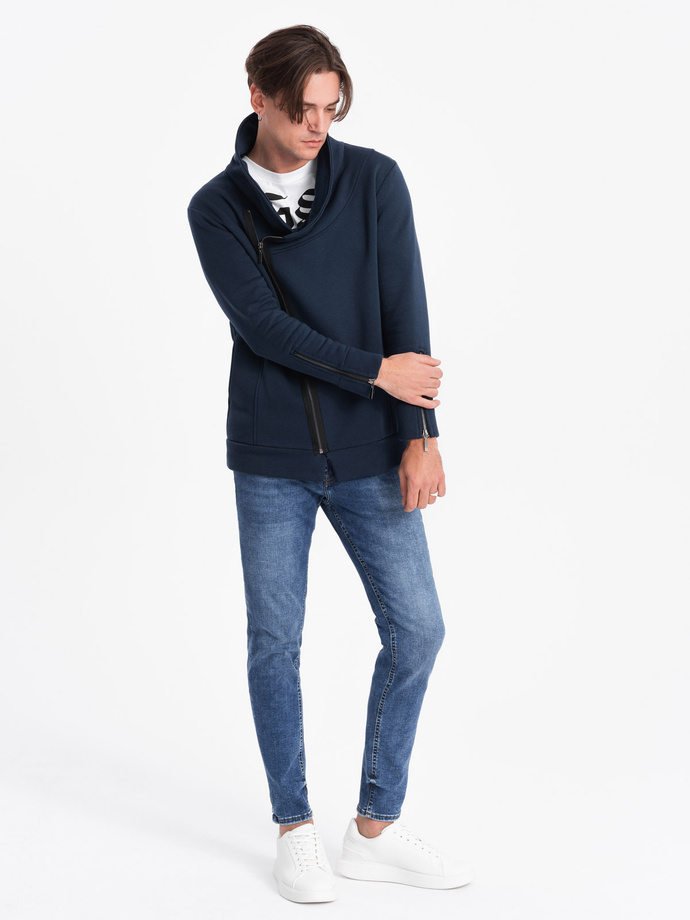 Unbuttoned men's sweatshirt with stand-up collar LONDON - navy blue B1362