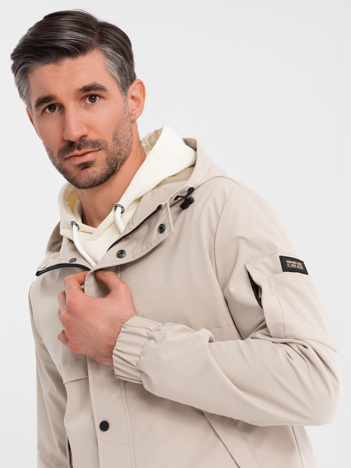 Functional men's transitional jacket with hood - beige V3 OM-JANP-0225