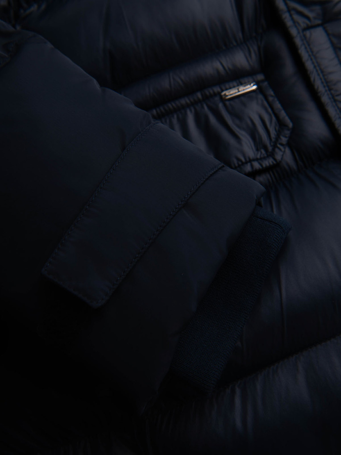Men's quilted jacket with combined materials and hood - navy blue V3 OM-JALJ-0266