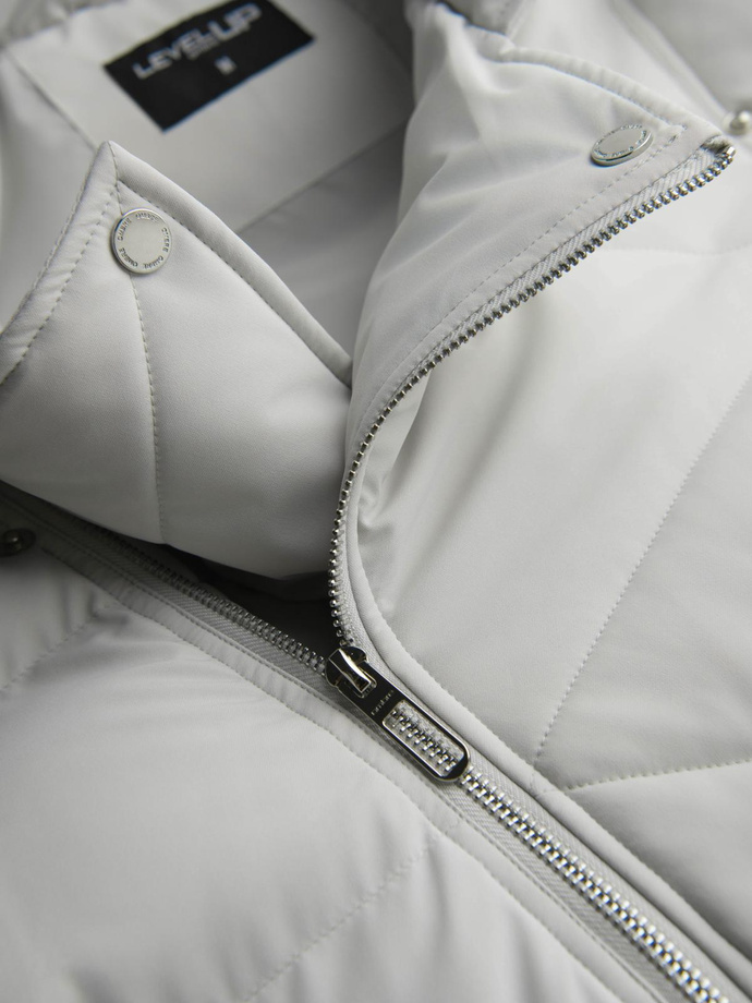 Pikowana kurtka męska o kroju ramoneski z kapturem - jasnoszara V4 OM-JAHP-0252