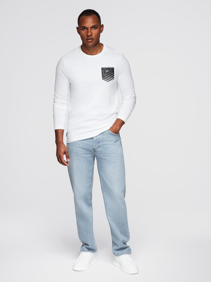 Longsleeve męski z printem w kształcie kieszonki - biały V1 OM-LSPT-0118