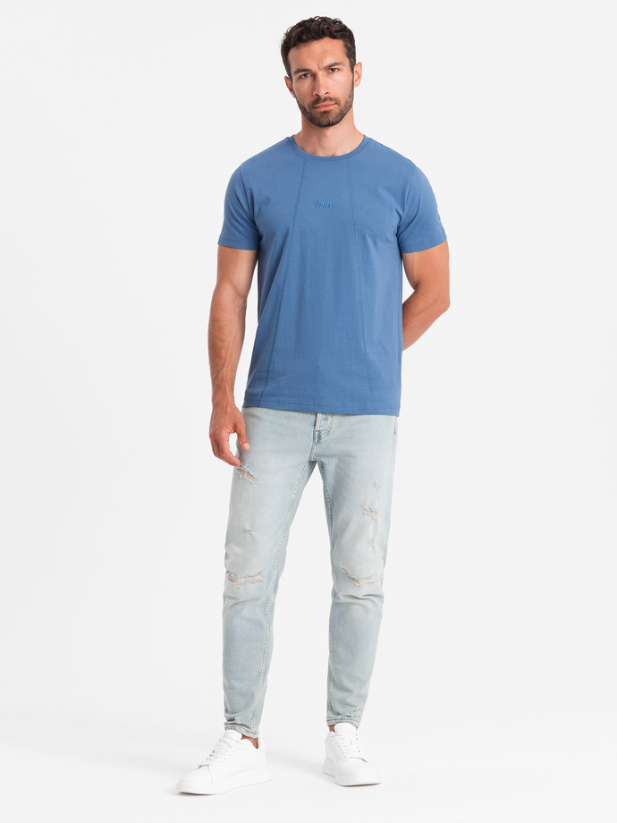 Men's cotton T-shirt with fine embroidery - dark blue V6 OM-TSCT-0170