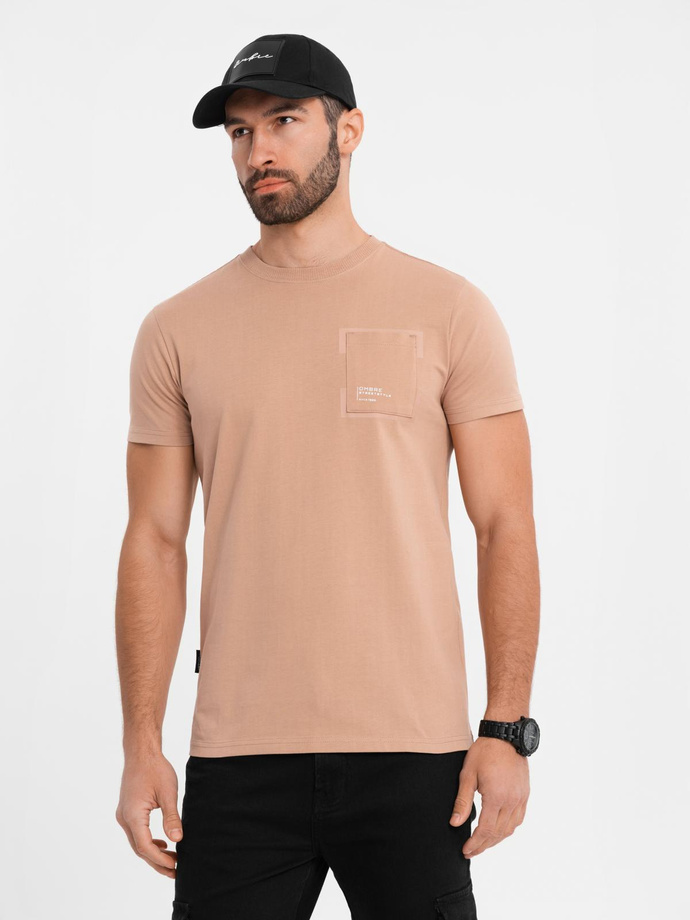 Men's cotton t-shirt with pocket print - light brown V7 OM-TSPT-0154