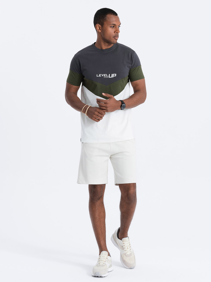 T-shirt męski bawełniany trójkolorowy z logo - grafitowo-oliwkowy V9 S1747