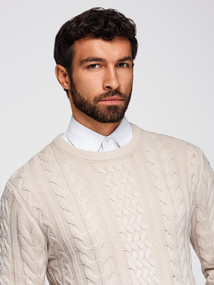 Elegancki sweter męski z ciekawym splotem – ecru V1 OM-SWSW-0173