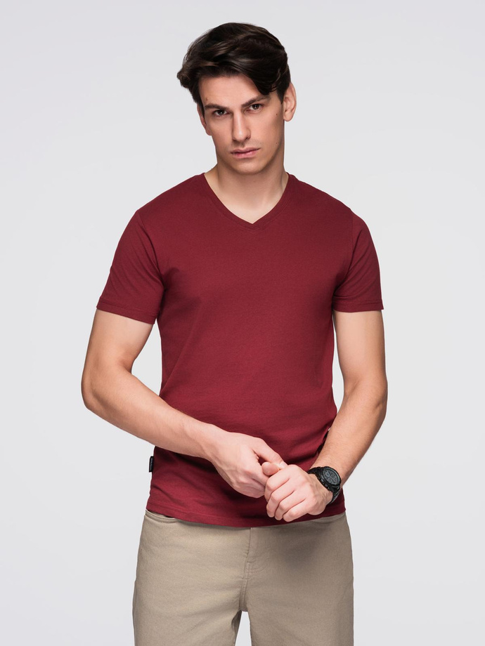 BASIC men's cotton classic tee shirt with a v-neck - maroon V10 OM-TSBS-0237