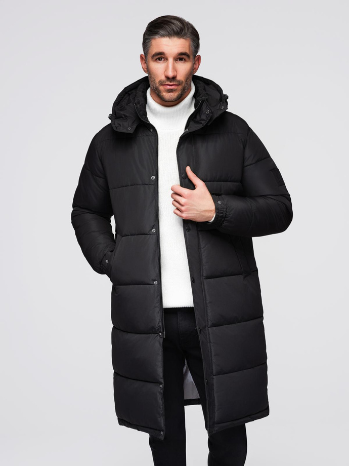 Men's quilted long jacket with detachable hood - black V1 OM-JALJ-0190