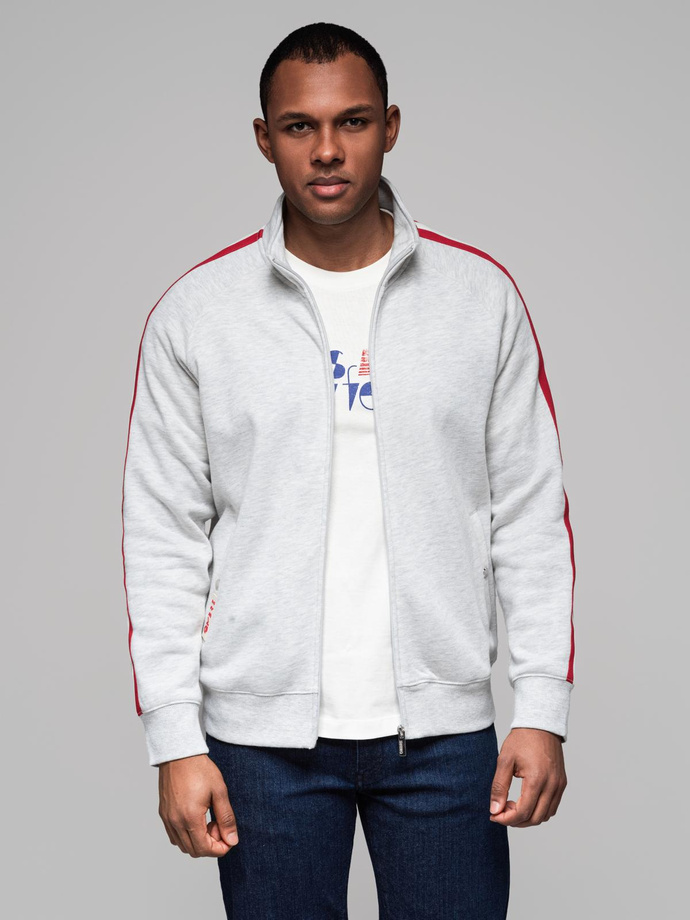 Męska bluza dresowa z wysokim kołnierzem i lampasami – szary melanż V1 OM-SSZP-0219