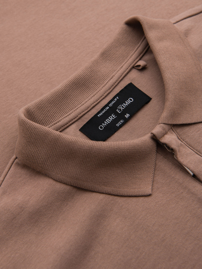 Men's polo shirt with zipper neckline - light brown V3 OM-POSS-0148