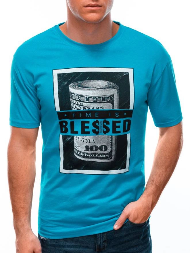 T-shirt męski z nadrukiem S1601 - niebieski