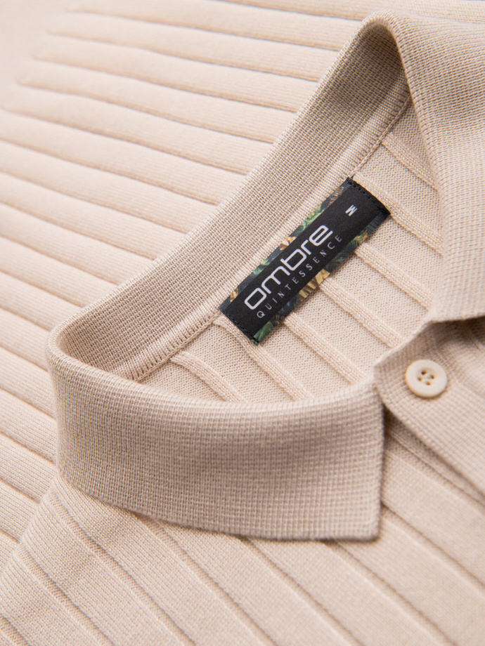 Męska koszulka polo z wiskozą SLIM FIT w pionowy prążek – beżowa V2 OM-POSS-0143