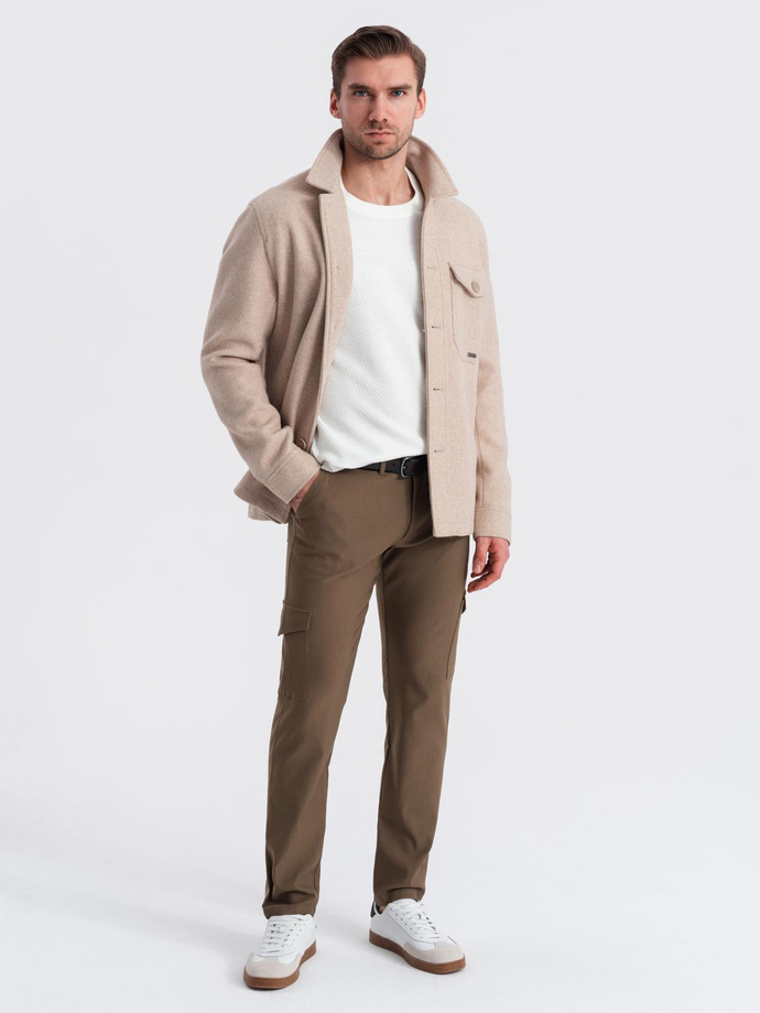 Spodnie męskie materiałowe REGULAR z kieszeniami cargo - oliwkowe V2 OM-PACG-0178