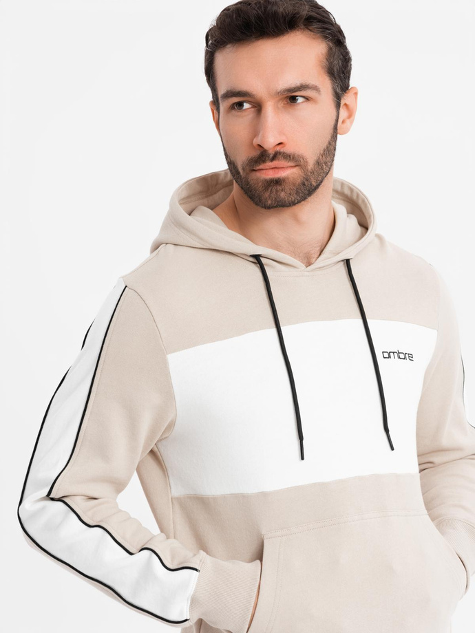 Men's cotton hoodie with contrasting elements - beige V2 OM-SSNZ-0225