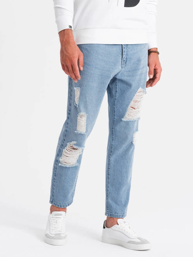 Men's TAPERED FIT denim pants with holes - light blue V1 OM-PADP-0175