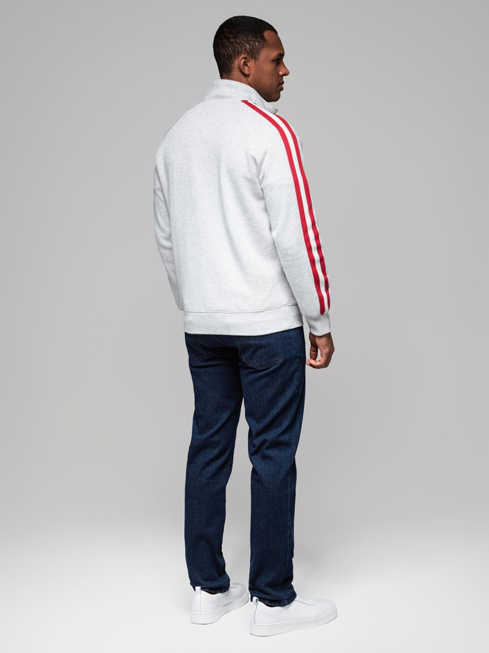 Męska bluza dresowa z wysokim kołnierzem i lampasami – szary melanż V1 OM-SSZP-0219